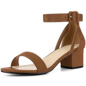 Open Toe Ankle Strap Block High Heels Sandals Brown